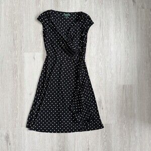 Lauren Ralph Lauren Dress Polka Dot Fit & Flare Size 4 White Jersey Ruffle NWOT